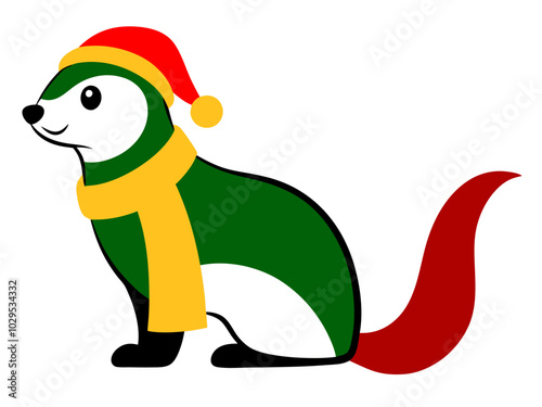 Vector Outline of A cute Ferret wearing a Santa clause hat and scarf on white background   