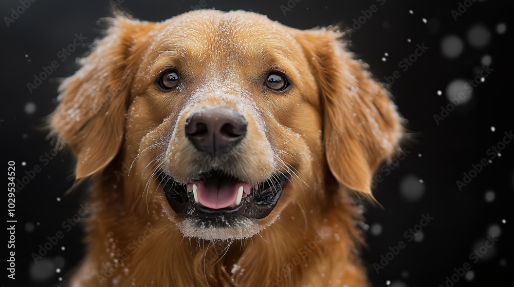 Close-up of a golden retriever covered in snow, capturing the essence of winter fun and a happy, playful dog enjoying the cold, Generative AI Close-up of a golden retriever covered in snow, capturing the essence of winter fun and a happy, playful dog enjoying the cold, Generative AI