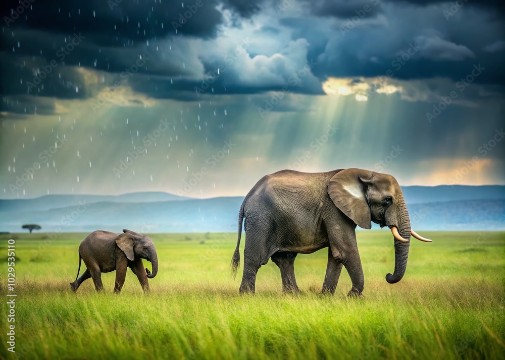 Fototapeta premium Parent and Child Elephants Walking in Rainy Savannah - Wildlife Moments