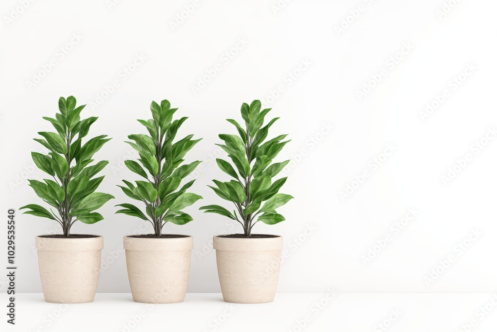 Three green houseplants in pots with a white isolated background. Three green houseplants in pots with a white isolated background.