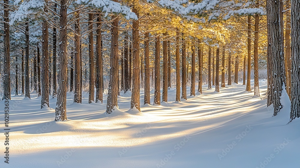 Obraz premium Snowy trees line the forest, sunlight filtering through