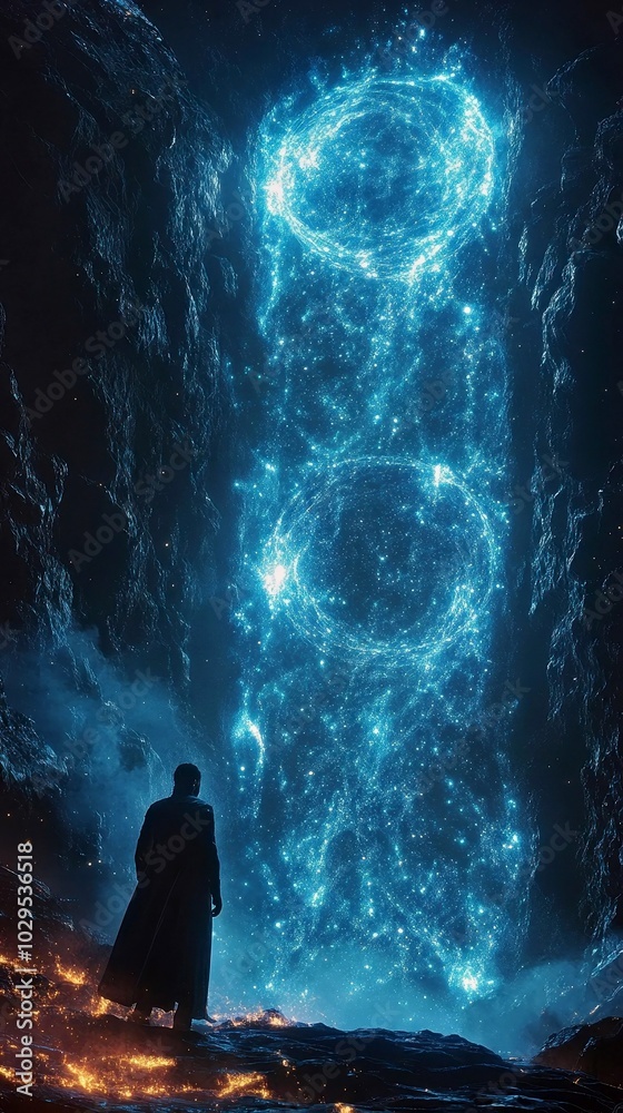 Mysterious Portal in a Dark Cave with Starry Light Effects