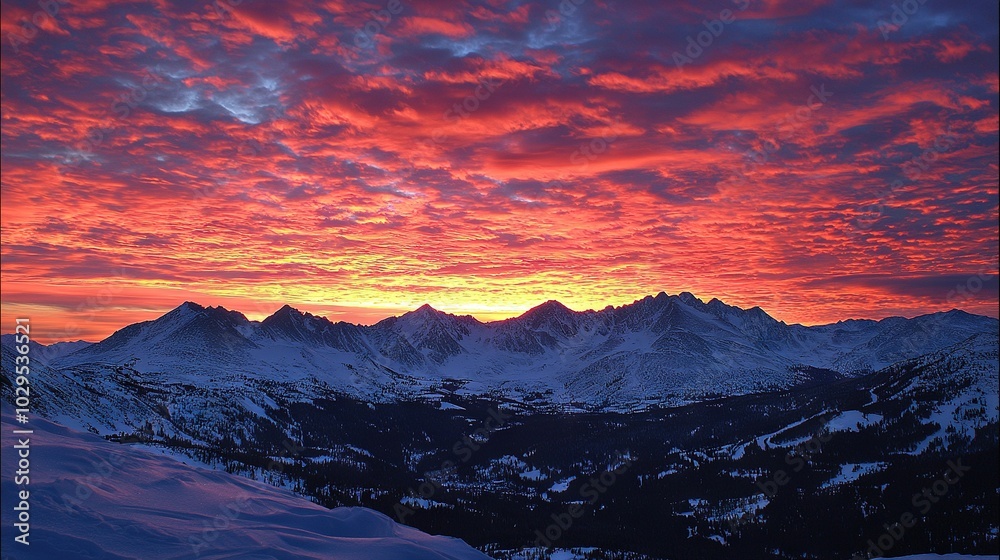 Obraz premium Sunset view of snow-capped mountain range with distant mountains and cloudy sky