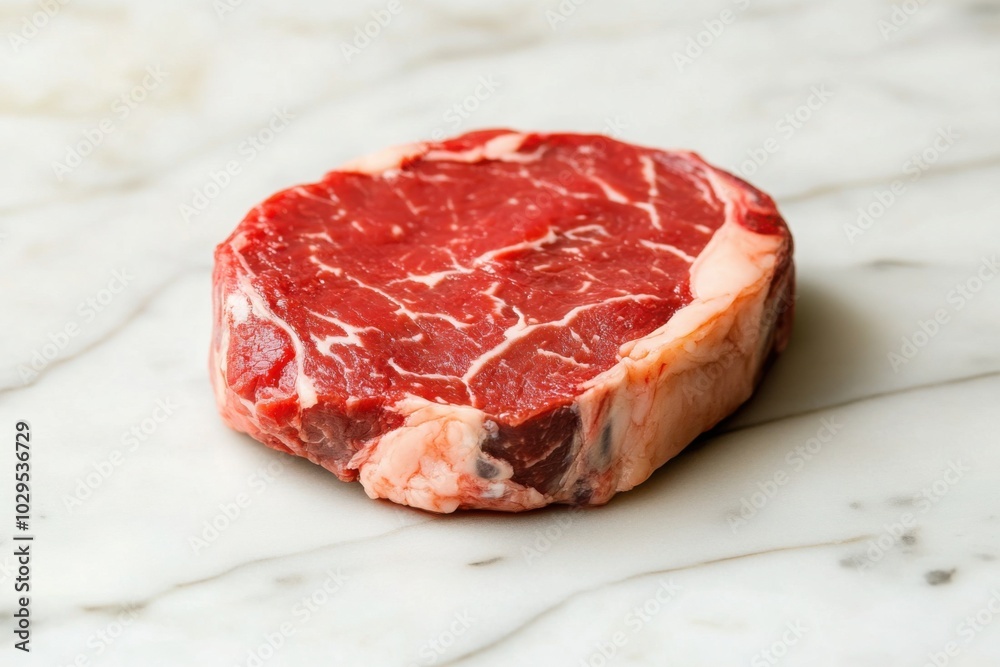 Raw ribeye steak on marble countertop Raw ribeye steak on marble countertop