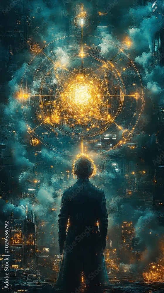 Mystical Sci-Fi Scene with Golden Energy and Contemplative Figure Mystical Sci-Fi Scene with Golden Energy and Contemplative Figure