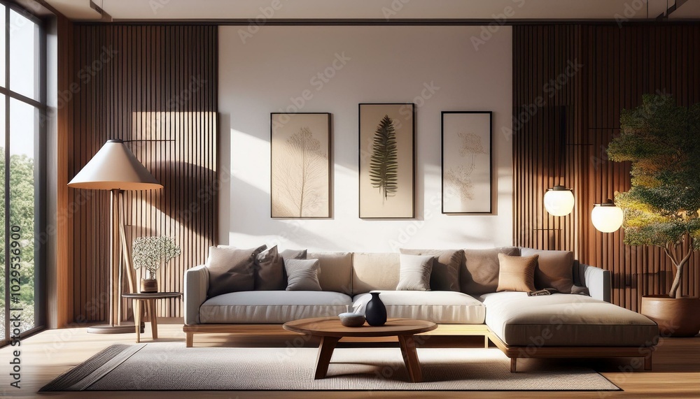 Japandi living room setting with a combination of light and dark wooden furniture, an earthy Japandi living room setting with a combination of light and dark wooden furniture, an earthy