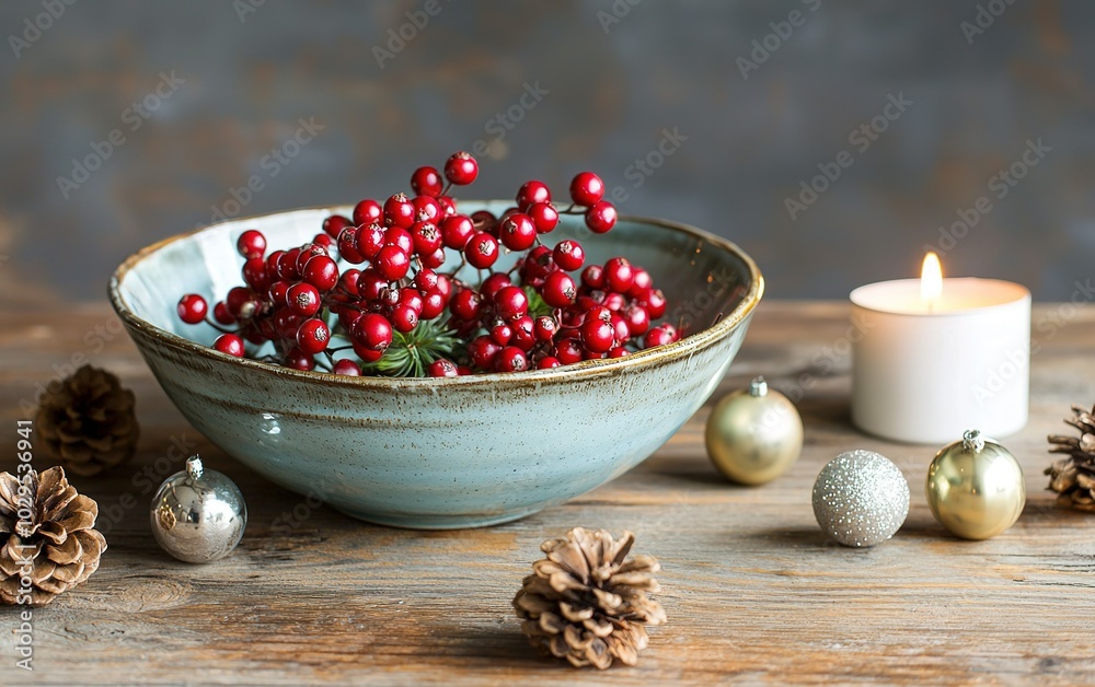 A decorative bowl filled with red berries and pine cones on a wooden table with a lit candle during the holiday season