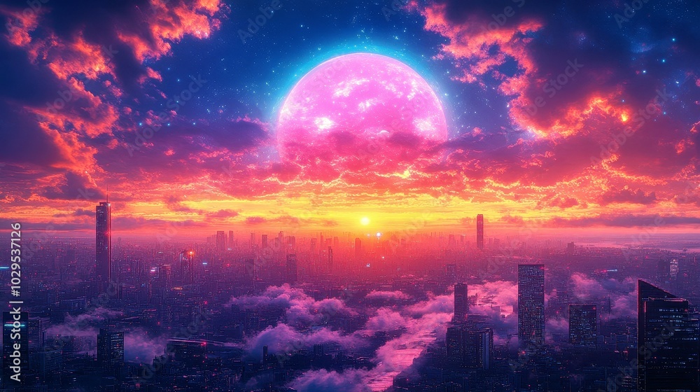 Stunning Cityscape at Dusk with Colorful Sunset and Cosmic Elements Stunning Cityscape at Dusk with Colorful Sunset and Cosmic Elements