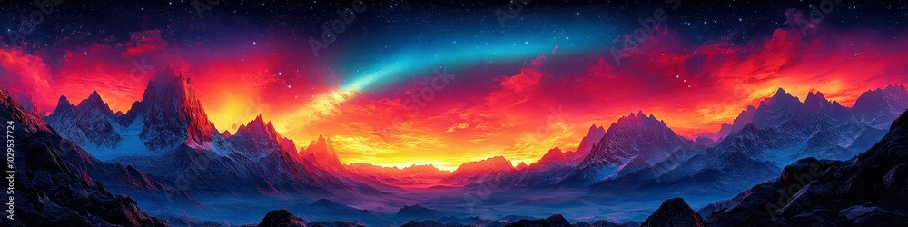 Stunning Mountain Landscape with Vibrant Sunset and Starry Sky Stunning Mountain Landscape with Vibrant Sunset and Starry Sky