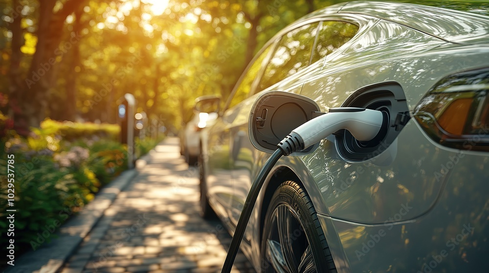Electric car charging in a sunny park. . Electric car charging in a sunny park. .