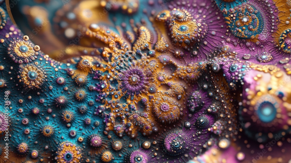 Obraz premium Abstract fractal pattern with intricate details in gold, purple and teal colors.