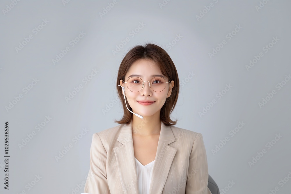 Smiling Young Businesswoman in Beige Blazer and Glasses, Seated Against Light Gray Background, Office Portrait with Minimalist Style
Smiling Young Businesswoman in Beige Blazer and Glasses, Seated Against Light Gray Background, Office Portrait with Minimalist Style