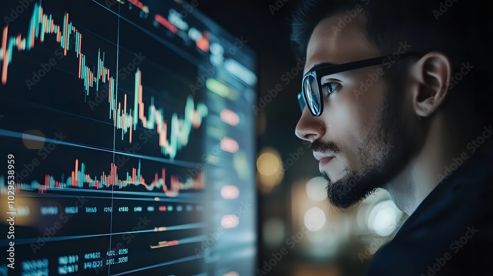 Trader analyzing data on virtual screen.Price graph and indicator. Stock market invest and crypto currency. Stock market and business investment. Trader analyzing data on virtual screen.Price graph and indicator. Stock market invest and crypto currency. Stock market and business investment.