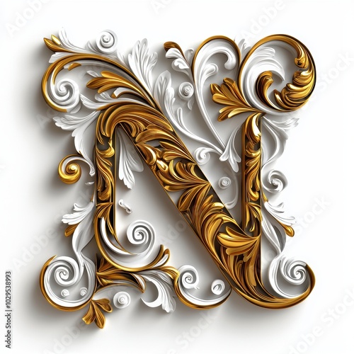Elegant 3D Letter N in Gold and White Floral Design