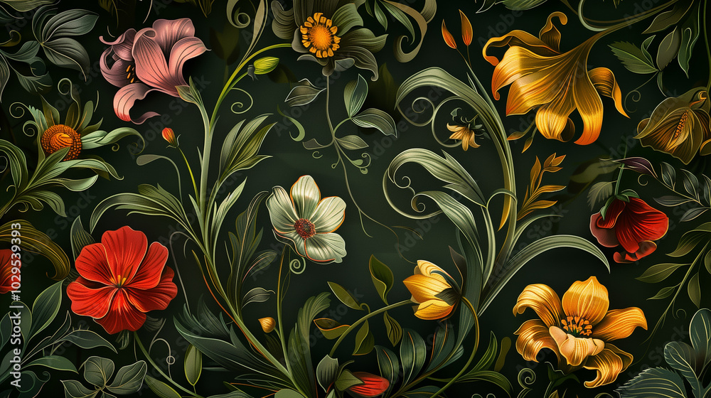 Garden flowers forming a text frame on wallpaper, with a light gradient on a dark green background. Illustration. Garden flowers forming a text frame on wallpaper, with a light gradient on a dark green background. Illustration.