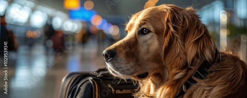 A golden retriever waits patiently beside a suitcase in a busy airport terminal on a bright day