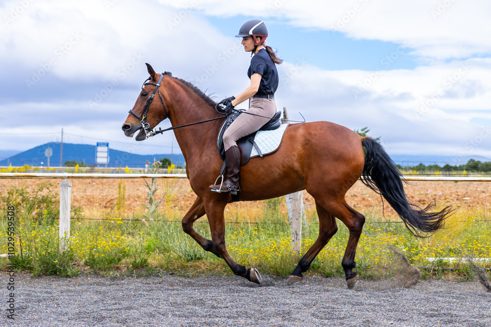 rider on horseback in outdoor arena rider on horseback in outdoor arena