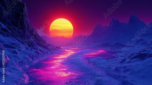 Vibrant Surreal Sunset Over Icy Landscape in Electric Colors