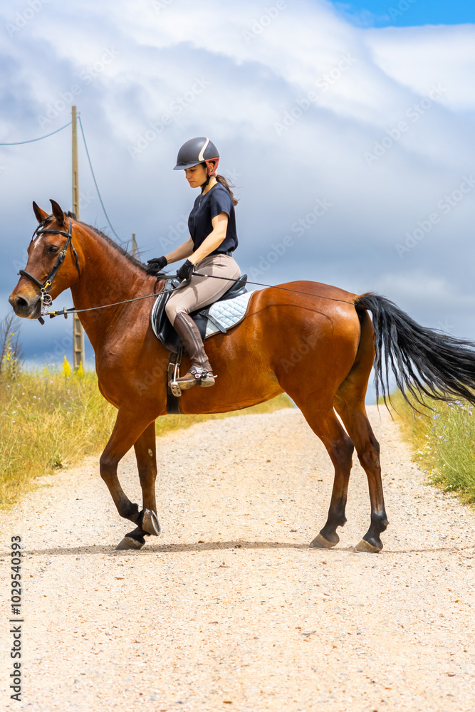 Young woman riding a horse on a countryside path Young woman riding a horse on a countryside path