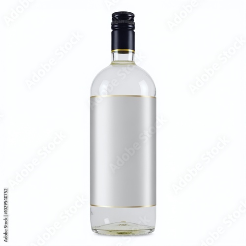 Clear glass bottle with a blank label and a black cap, ideal for beverages or creative packaging displays