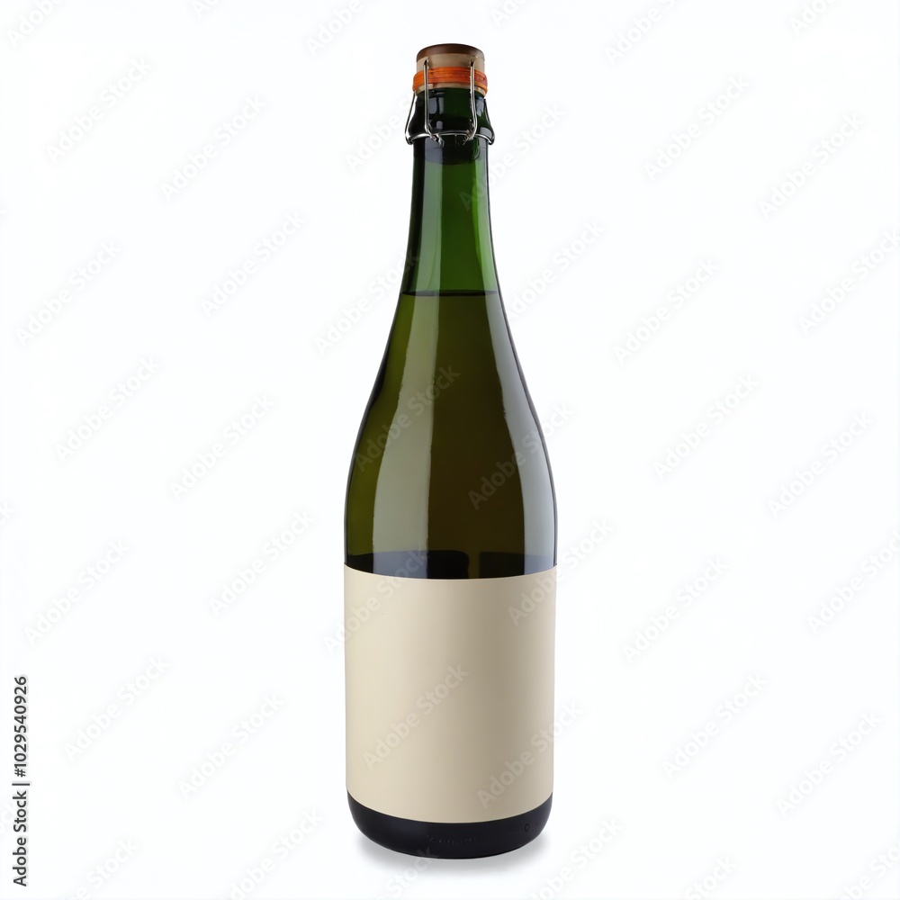 A green glass bottle with a blank label standing upright against a light background in a minimalist setting A green glass bottle with a blank label standing upright against a light background in a minimalist setting