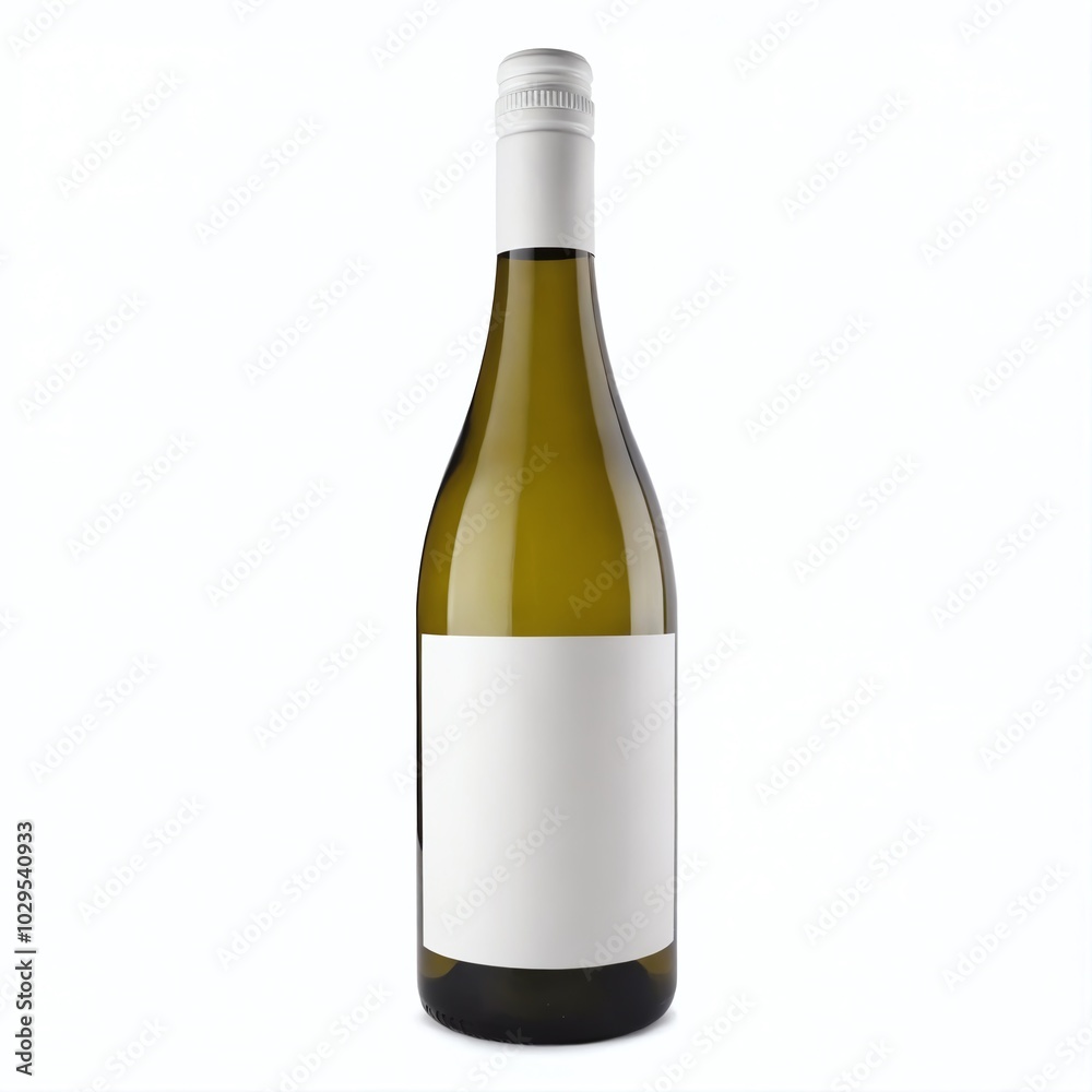A plain white label bottle of white wine on a neutral background ready for branding or marketing at a vineyard A plain white label bottle of white wine on a neutral background ready for branding or marketing at a vineyard