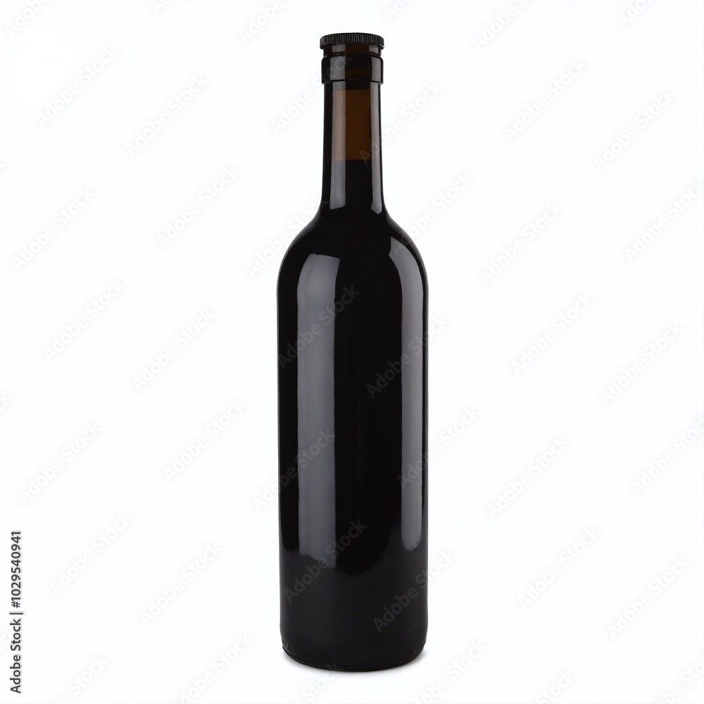 A tall, dark glass bottle for beverages resting on a light surface in a minimalistic setting A tall, dark glass bottle for beverages resting on a light surface in a minimalistic setting