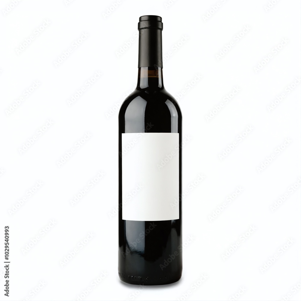 Elegant black wine bottle with blank label on a white background meant for custom labeling in a studio setting Elegant black wine bottle with blank label on a white background meant for custom labeling in a studio setting
