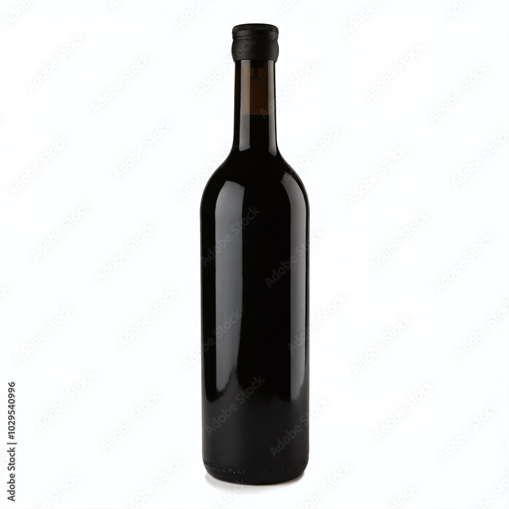 A sleek black wine bottle stands upright against a neutral backdrop in an elegant setting A sleek black wine bottle stands upright against a neutral backdrop in an elegant setting