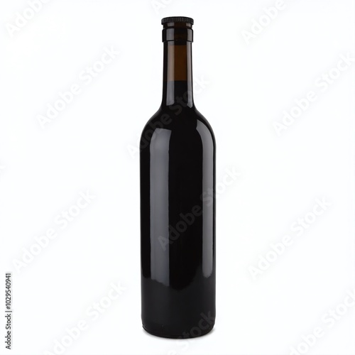 A tall, dark glass bottle for beverages resting on a light surface in a minimalistic setting