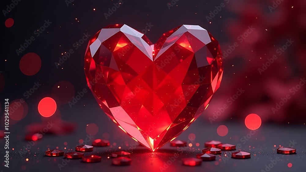 Valentine's Day. Volumetric transparent glass red heart, on a festive dark background.