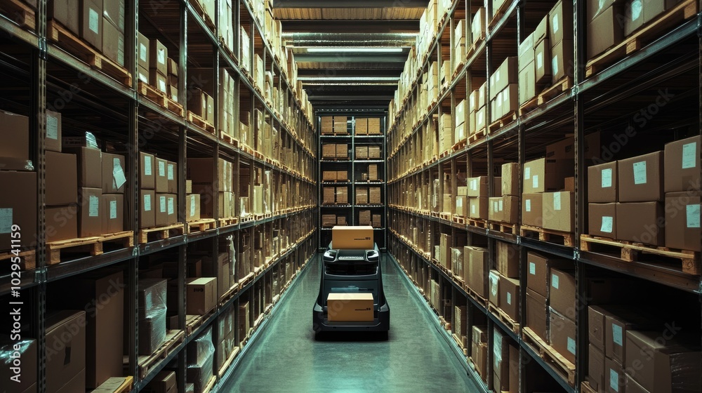 Photo of self-driving car amid shelves of cardboard boxes in a warehouse. Photo of self-driving car amid shelves of cardboard boxes in a warehouse.