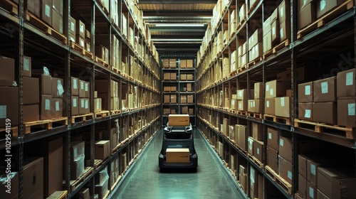 Photo of self-driving car amid shelves of cardboard boxes in a warehouse.