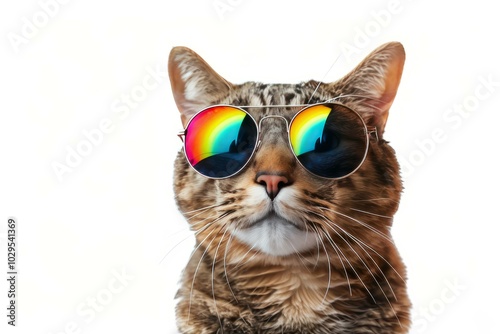 Cool cat wearing rainbow sunglasses in a humorous portrait against a white background, playful and trendy pet concept.