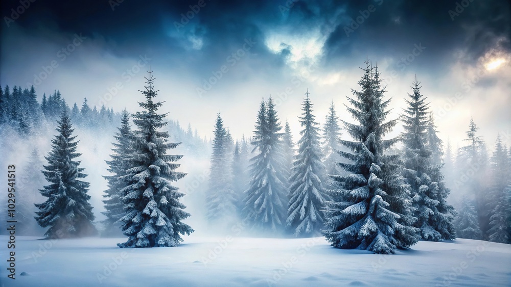 Naklejka premium Moody winter scenery with snow-covered fir trees in foggy weather