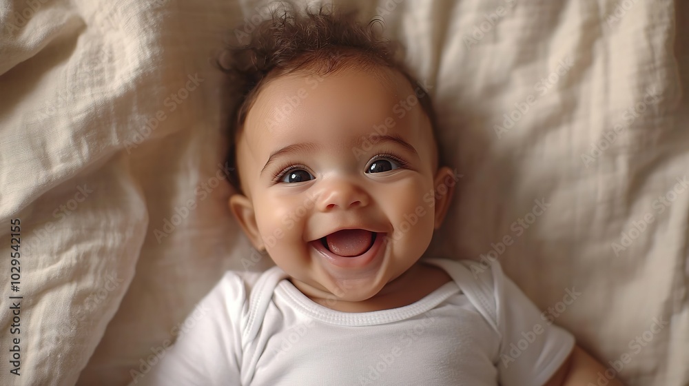 A baby with big brown eyes smiles widely. . A baby with big brown eyes smiles widely. .