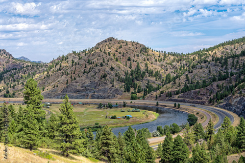 Interstate 15 curves along the Missouri River near Craig, Montana, USA photo