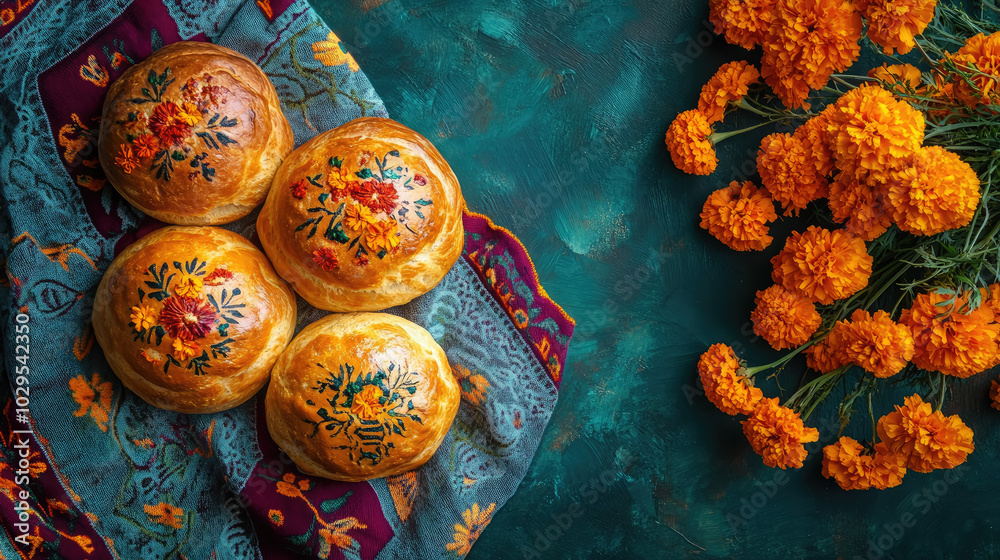 Fototapeta premium Traditional Mexican pan de muerto on table, bread of the dead, day of the dead, national dish, mexico, lunch, cuisine, restaurant, food, ritual, halloween, bakery