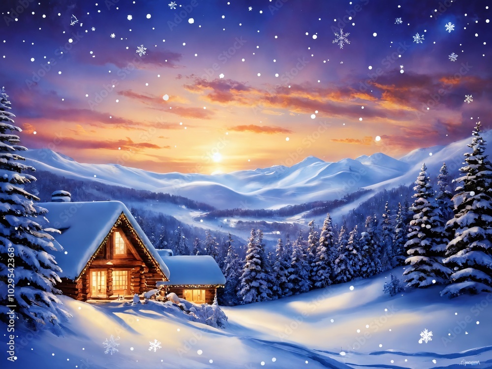 Fototapeta premium A cozy cabin nestled in a snowy landscape at sunset with mountains and pine trees gently illuminated by warm light