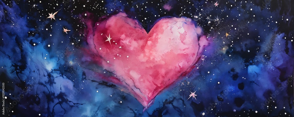 A vibrant heart silhouette surrounded by a starry sky in deep blues and purples creates a romantic atmosphere at night A vibrant heart silhouette surrounded by a starry sky in deep blues and purples creates a romantic atmosphere at night