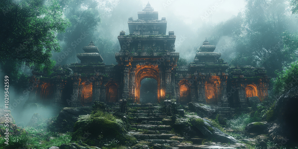 Mysterious Ancient Shrine Illuminated in Misty Jungle Forest with Overgrown Vegetation Mysterious Ancient Shrine Illuminated in Misty Jungle Forest with Overgrown Vegetation