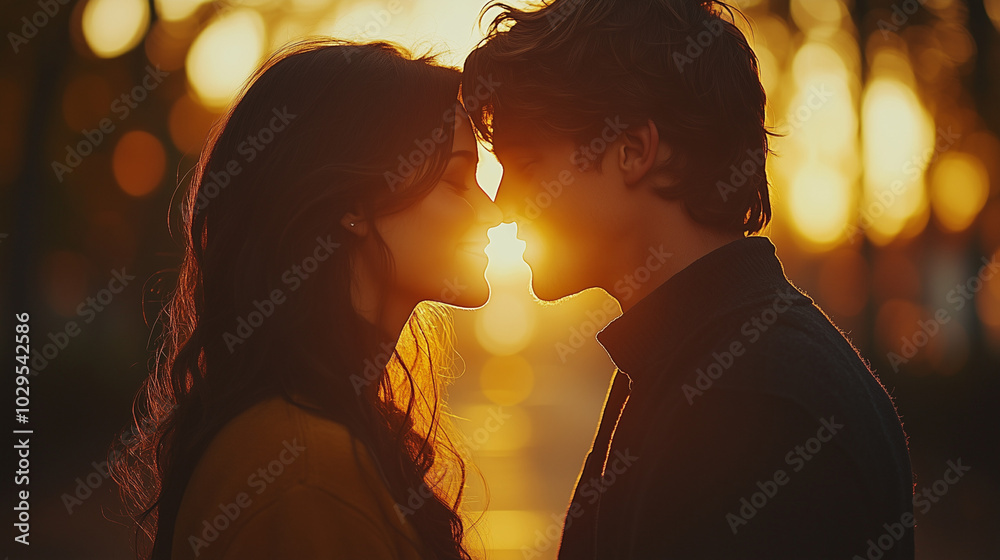 Tender Couple Sharing Intimate Moment in Golden Sunset Glow Tender Couple Sharing Intimate Moment in Golden Sunset Glow