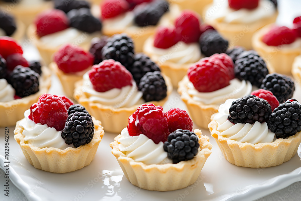 Mini Tarts with Mixed Berries and Cream, A collection of bite-sized tarts filled with vanilla cream and topped with an assortment of fresh berries, arranged on a serving platter, Delicious dessert Mini Tarts with Mixed Berries and Cream, A collection of bite-sized tarts filled with vanilla cream and topped with an assortment of fresh berries, arranged on a serving platter, Delicious dessert