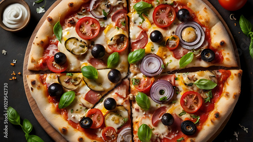 A top-down shot of a pizza with various toppings showcases the crust's thinness and the arrangement of ingredients.
