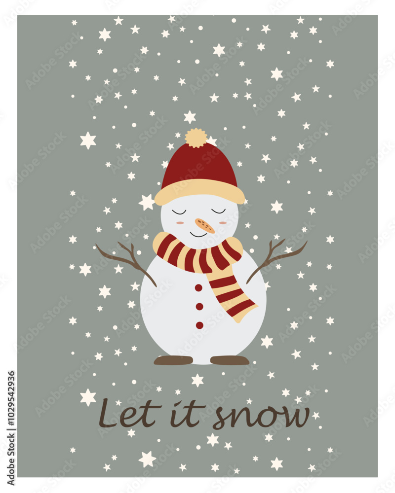 Christmas clipart with a snowman in a cute hat and scarf. New Year's card. Set of cute clipart with Christmas gifts. Vector graphics. Gray background, snowy Christmas clipart with a snowman in a cute hat and scarf. New Year's card. Set of cute clipart with Christmas gifts. Vector graphics. Gray background, snowy