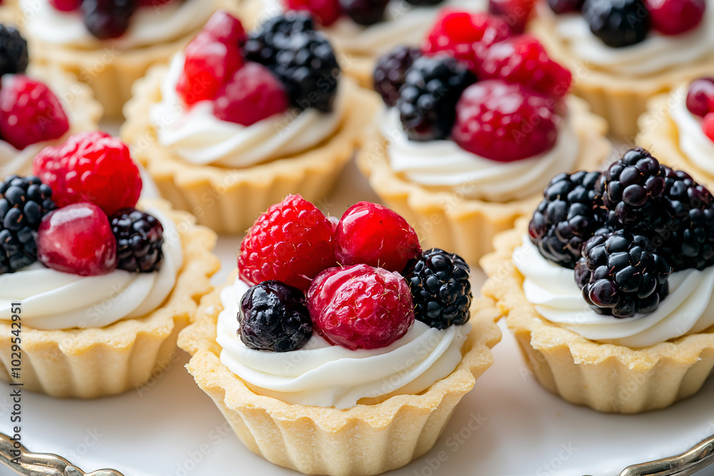 Mini Tarts with Mixed Berries and Cream, A collection of bite-sized tarts filled with vanilla cream and topped with an assortment of fresh berries, arranged on a serving platter, Delicious dessert Mini Tarts with Mixed Berries and Cream, A collection of bite-sized tarts filled with vanilla cream and topped with an assortment of fresh berries, arranged on a serving platter, Delicious dessert