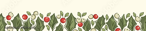 Nostalgic holly garland vector seamless horizontal border in traditional Christmas colors. Festive Victorian evergreen design with hand-drawn vintage winter holiday foliage and berries