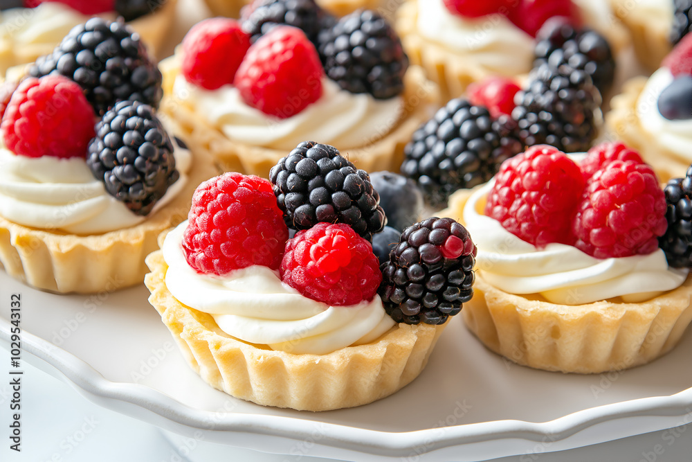 Mini Tarts with Mixed Berries and Cream, A collection of bite-sized tarts filled with vanilla cream and topped with an assortment of fresh berries, arranged on a serving platter, Delicious dessert Mini Tarts with Mixed Berries and Cream, A collection of bite-sized tarts filled with vanilla cream and topped with an assortment of fresh berries, arranged on a serving platter, Delicious dessert
