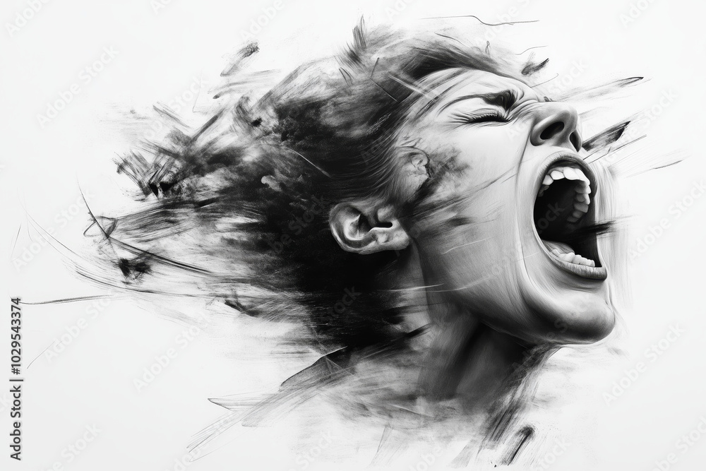 A woman is screaming with dramatic intensity, showcasing raw emotion and movement in her expression, charcoal drawing on a white background. A woman is screaming with dramatic intensity, showcasing raw emotion and movement in her expression, charcoal drawing on a white background.