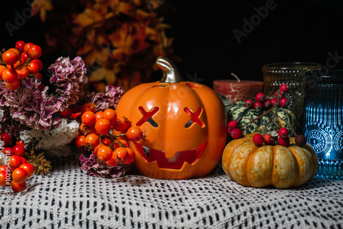 Halloween day illustration background with pumpkins and candles on haunted bokeh background, home decorations, Autumn hygge, Thanksgiving and Halloween